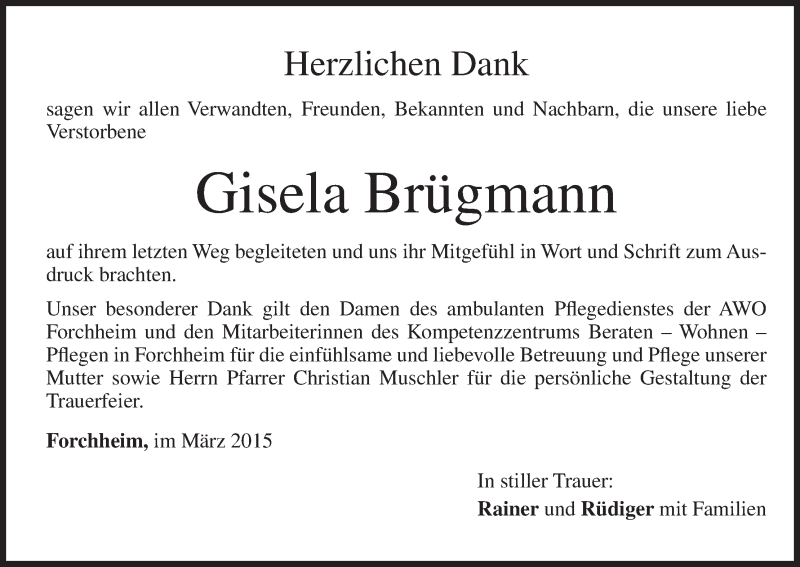  Traueranzeige für Gisela Brügmann vom 07.03.2015 aus MGO