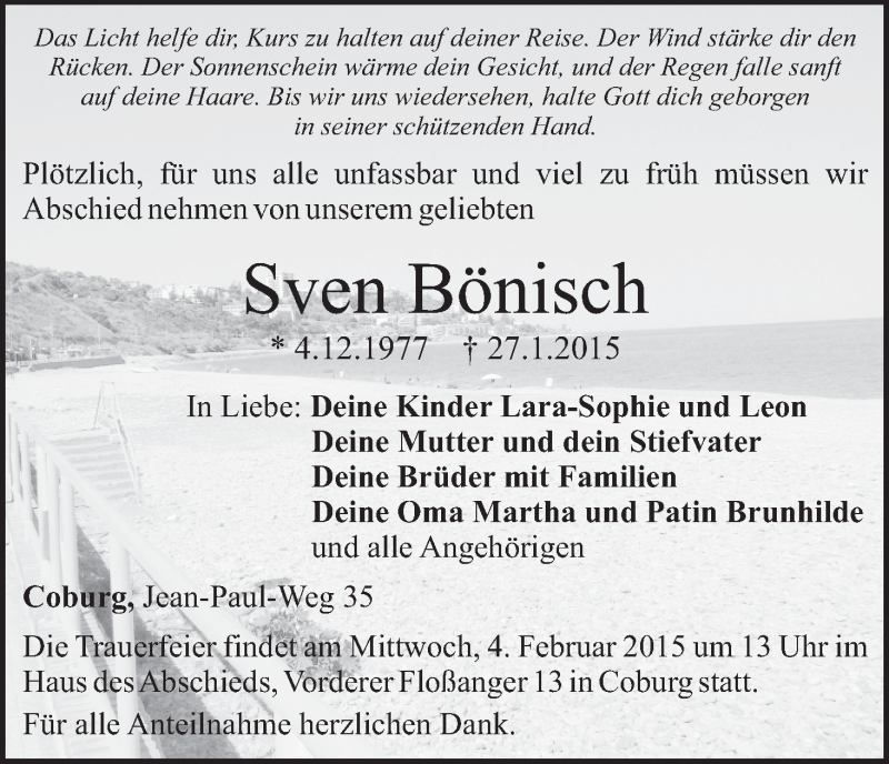  Traueranzeige für Sven Bönisch vom 31.01.2015 aus MGO