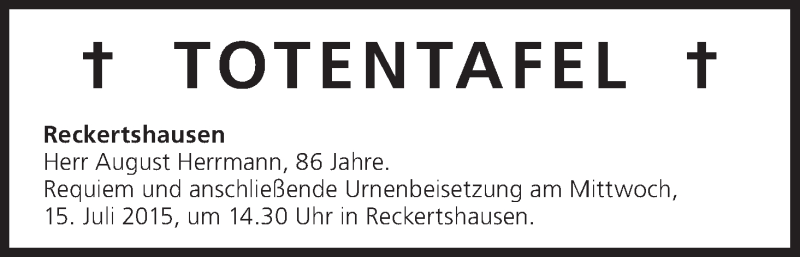  Traueranzeige für August Herrmann vom 14.07.2015 aus MGO