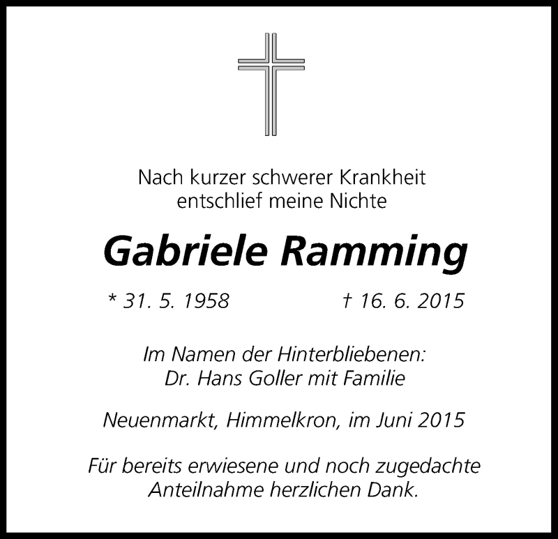  Traueranzeige für Gabriele Ramming vom 25.06.2015 aus MGO