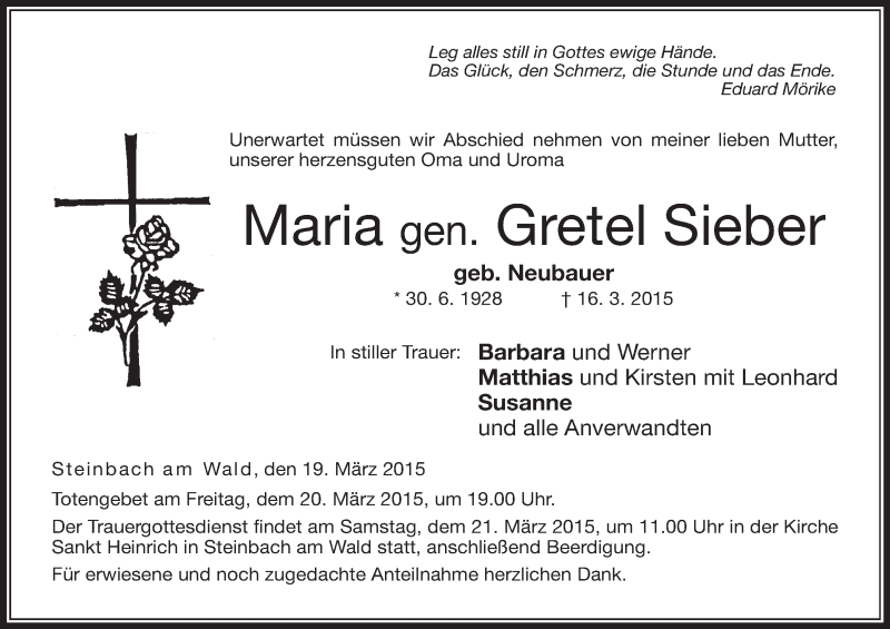  Traueranzeige für Maria Sieber vom 19.03.2015 aus MGO