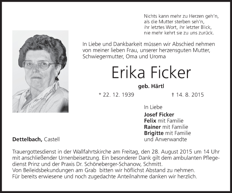  Traueranzeige für Erika Ficker vom 25.08.2015 aus MGO