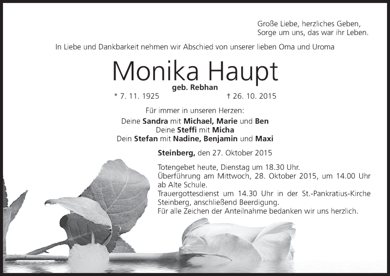  Traueranzeige für Monika Haupt vom 27.10.2015 aus MGO