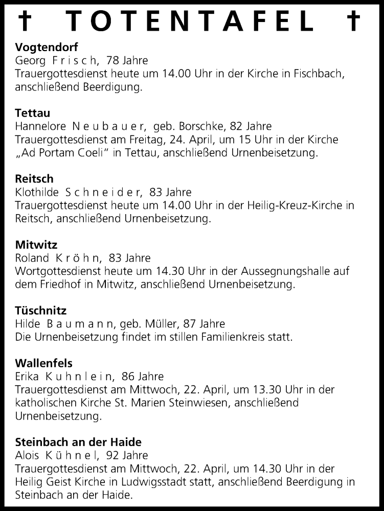  Traueranzeige für Totentafel vom 21.04.2015 vom 21.04.2015 aus MGO