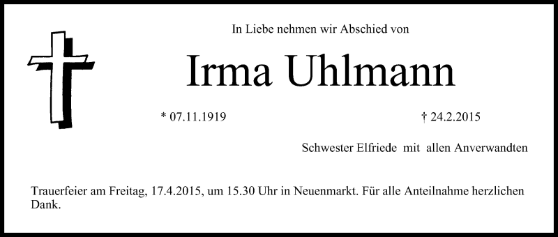  Traueranzeige für Irma Uhlmann vom 04.04.2015 aus MGO