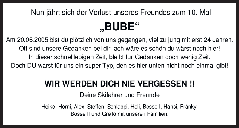  Traueranzeige für Bube  vom 20.06.2015 aus MGO