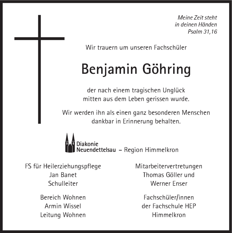  Traueranzeige für Benjamin Göhring vom 04.08.2015 aus MGO