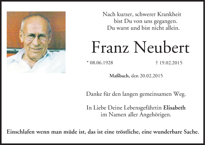  Traueranzeige für Franz Neubert vom 23.02.2015 aus MGO