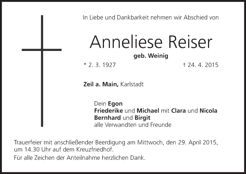  Traueranzeige für Anneliese Reiser vom 27.04.2015 aus MGO