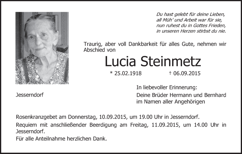  Traueranzeige für Lucia Steinmetz vom 09.09.2015 aus MGO