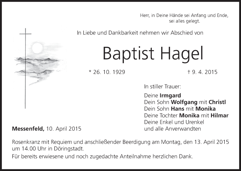  Traueranzeige für Baptist Hagel vom 10.04.2015 aus MGO