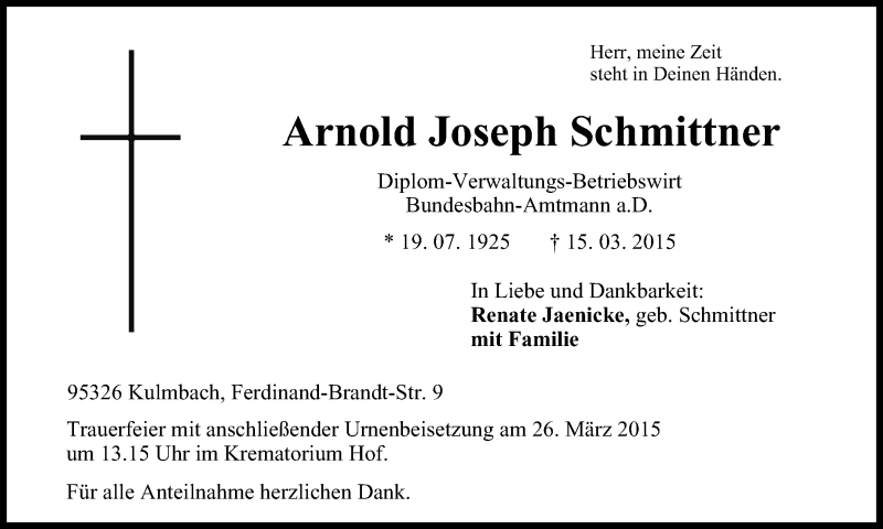  Traueranzeige für Arnold Joseph Schmittner vom 21.03.2015 aus MGO