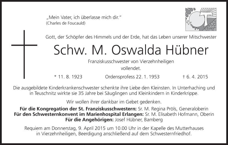  Traueranzeige für Oswalda Hübner vom 08.04.2015 aus MGO