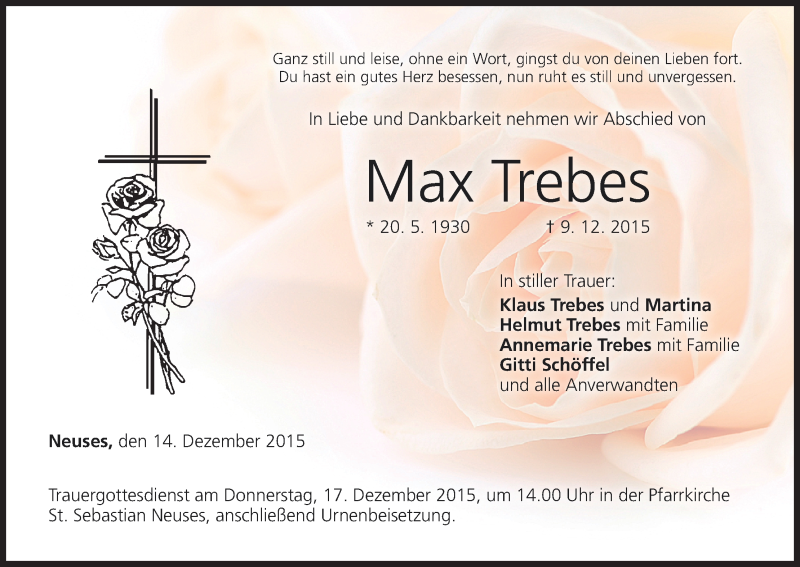  Traueranzeige für Max  Trebes vom 14.12.2015 aus MGO