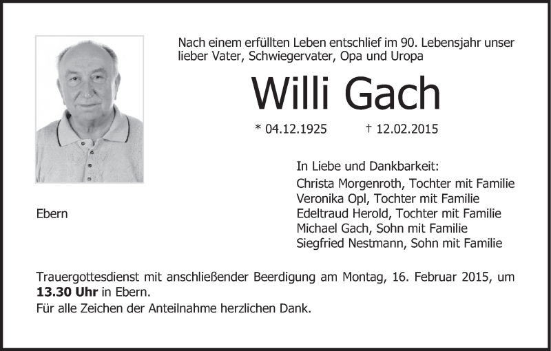  Traueranzeige für Willi Gach vom 13.02.2015 aus MGO