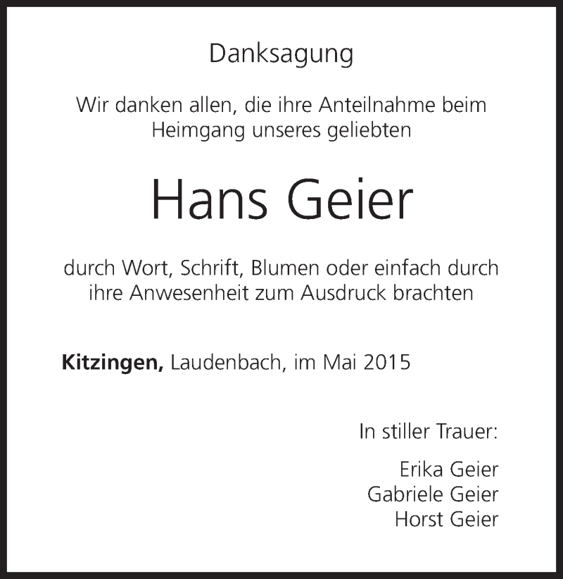 Traueranzeige für Hans Geier vom 16.05.2015 aus MGO