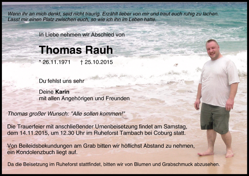  Traueranzeige für Thomas Rauh vom 07.11.2015 aus MGO