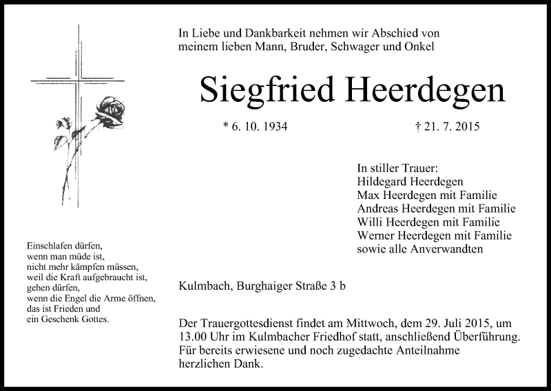  Traueranzeige für Siegfried Heerdegen vom 25.07.2015 aus MGO