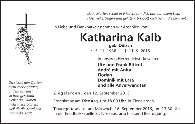  Traueranzeige für Katharina Kalb vom 12.09.2015 aus MGO
