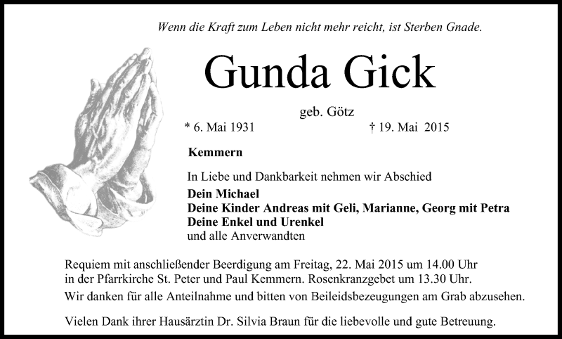  Traueranzeige für Gunda Gick vom 20.05.2015 aus MGO