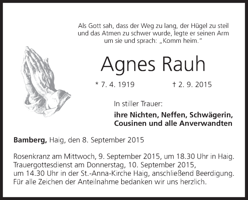  Traueranzeige für Agnes Rauh vom 08.09.2015 aus MGO