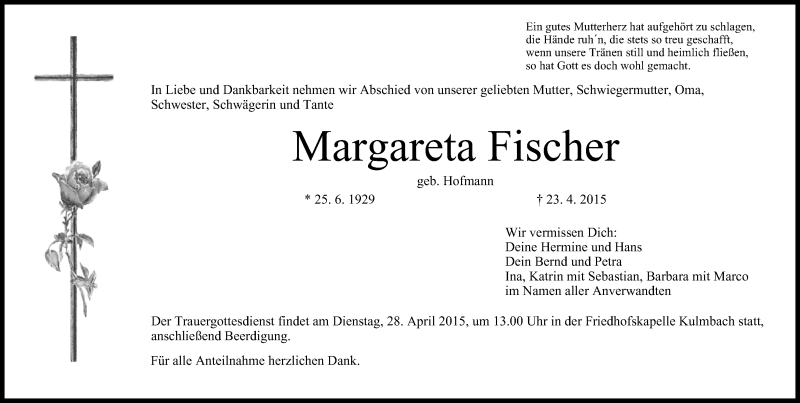  Traueranzeige für Margareta Fischer vom 24.04.2015 aus MGO