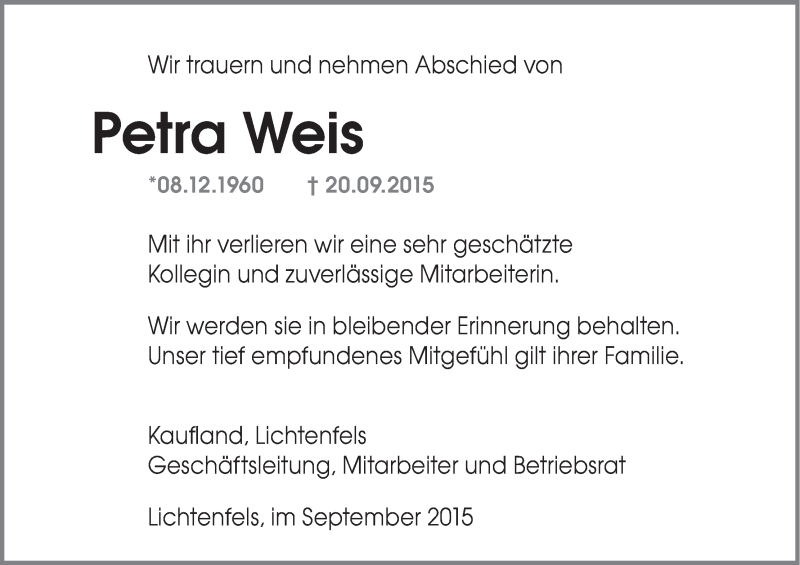  Traueranzeige für Petra Weis vom 02.10.2015 aus MGO