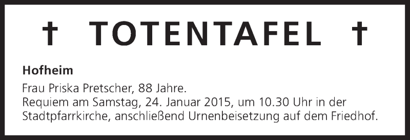  Traueranzeige für Totentafel vom 22.01.2015 vom 22.01.2015 aus MGO