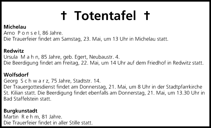  Traueranzeige für Totentafel vom 21.05.2015 vom 21.05.2015 aus MGO