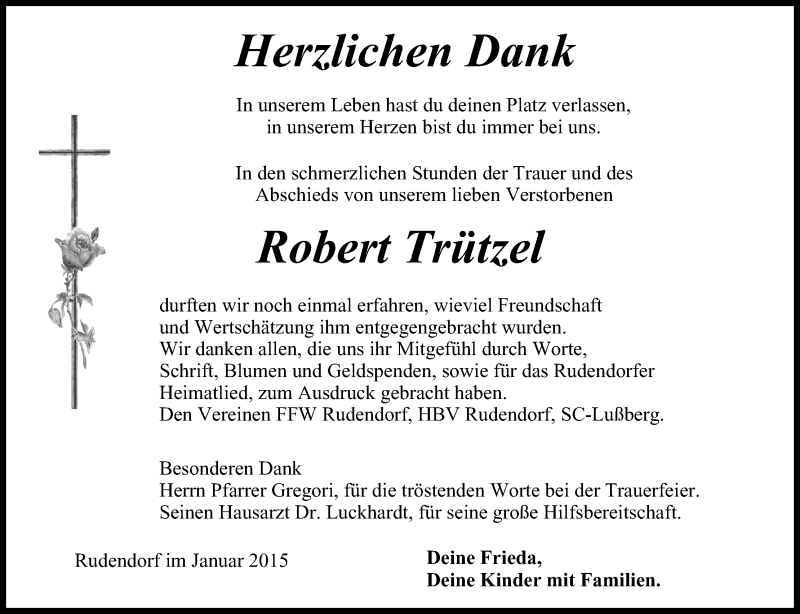  Traueranzeige für Robert Trützel vom 31.01.2015 aus MGO