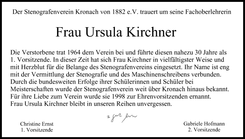  Traueranzeige für Ursula Kirchner vom 16.05.2015 aus MGO