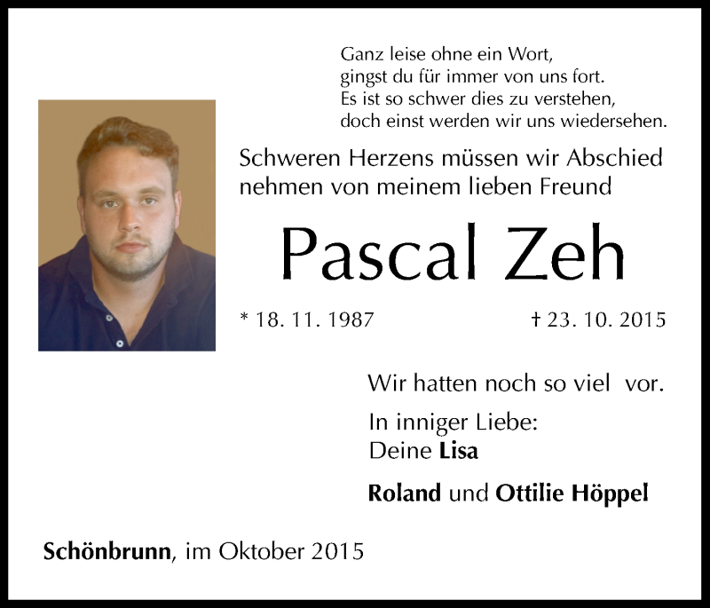  Traueranzeige für Pascal Zeh vom 26.10.2015 aus MGO