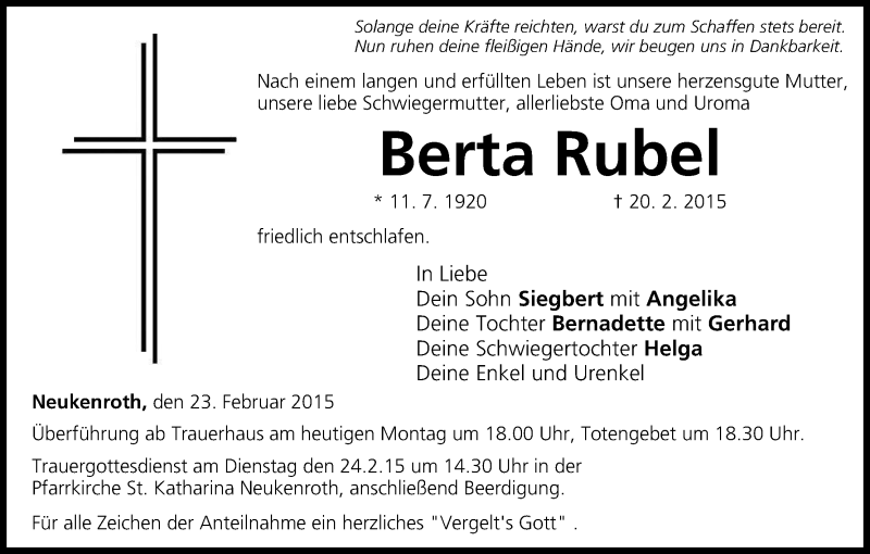  Traueranzeige für Berta Rubel vom 23.02.2015 aus MGO