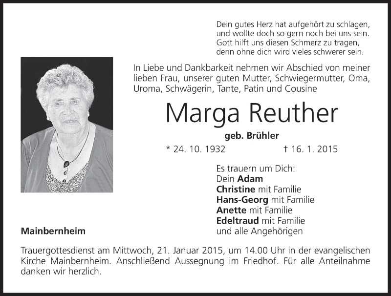  Traueranzeige für Marga Reuther vom 20.01.2015 aus MGO