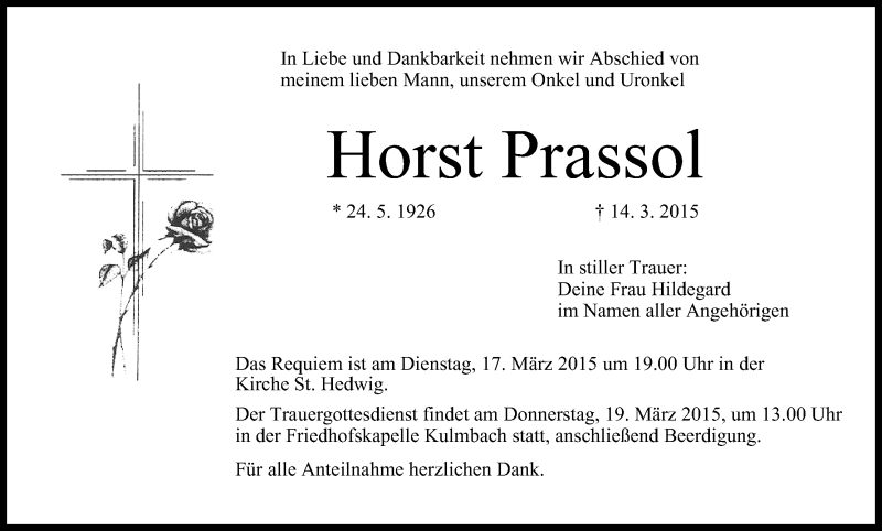  Traueranzeige für Horst Prassol vom 16.03.2015 aus MGO