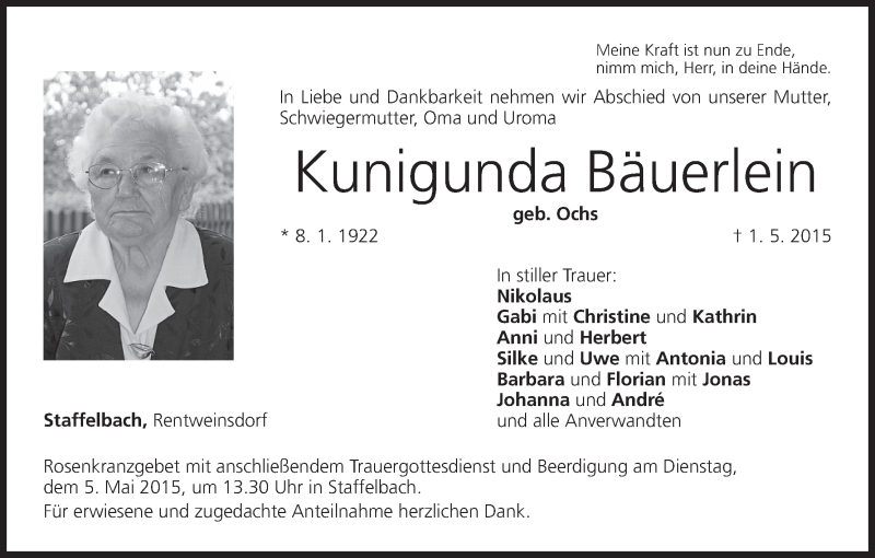  Traueranzeige für Kunigunda Bäuerlein vom 04.05.2015 aus MGO
