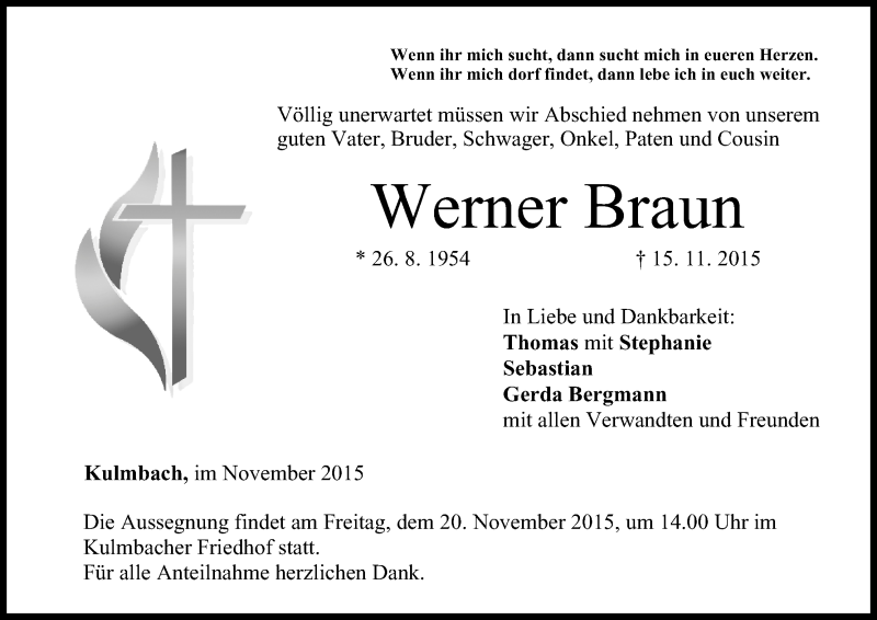  Traueranzeige für Werner Braun vom 18.11.2015 aus MGO