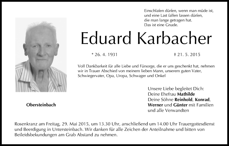  Traueranzeige für Eduard Karbacher vom 27.05.2015 aus MGO