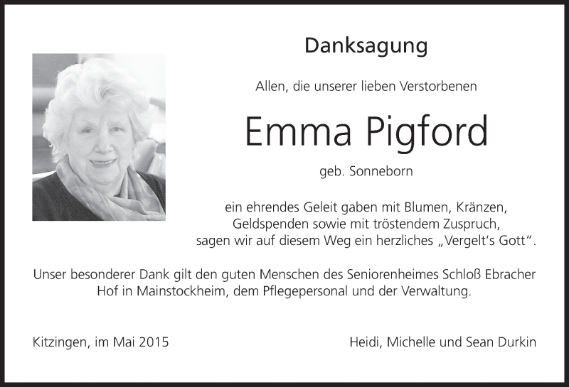  Traueranzeige für Emma Pigford vom 16.05.2015 aus MGO