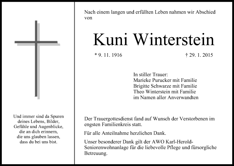  Traueranzeige für Kuni Winterstein vom 05.02.2015 aus MGO