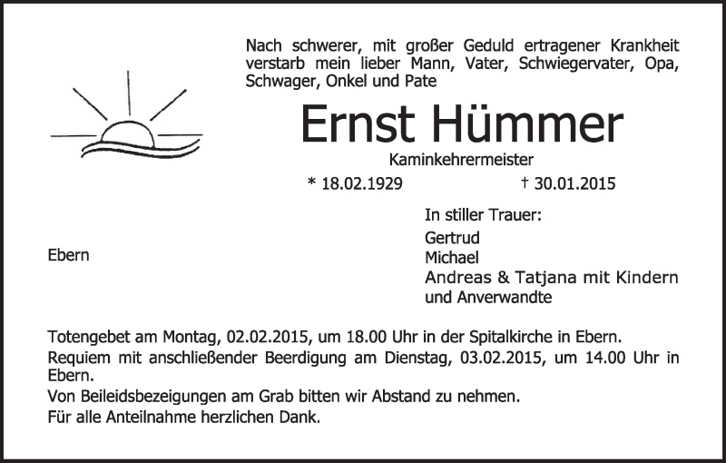  Traueranzeige für Ernst Hümmer vom 02.02.2015 aus MGO