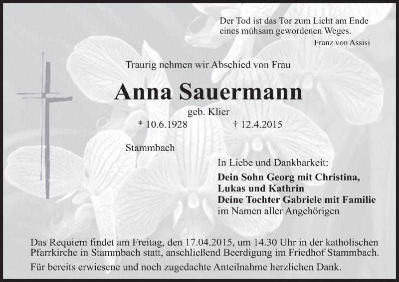  Traueranzeige für Anna Sauermann vom 15.04.2015 aus MGO