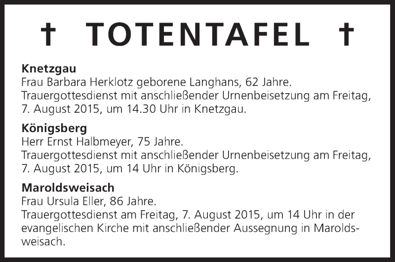  Traueranzeige für Totentafel vom 06.08.2015 vom 06.08.2015 aus MGO