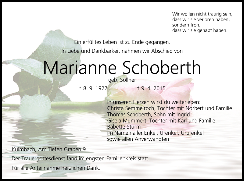  Traueranzeige für Marianne Schoberth vom 20.04.2015 aus MGO