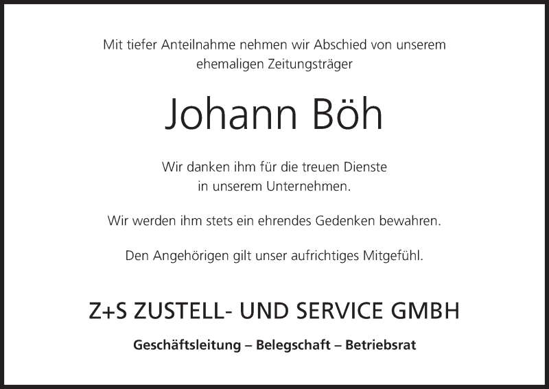  Traueranzeige für Johann Böh vom 14.12.2015 aus MGO