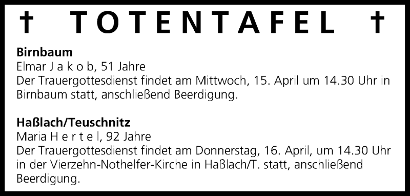  Traueranzeige für Totentafel vom 15.04.2015 vom 15.04.2015 aus MGO