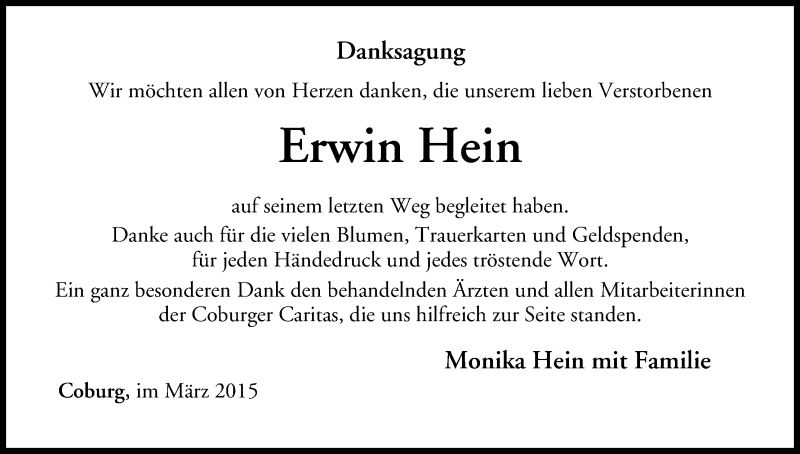  Traueranzeige für Erwin Hein vom 07.03.2015 aus MGO
