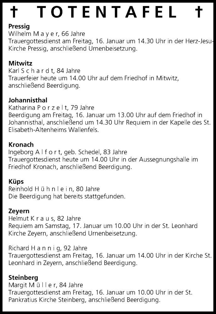  Traueranzeige für Totentafel vom 15.01.2015 vom 15.01.2015 aus MGO