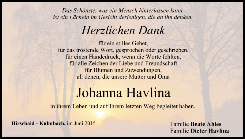  Traueranzeige für Johanna Havlina vom 11.07.2015 aus MGO