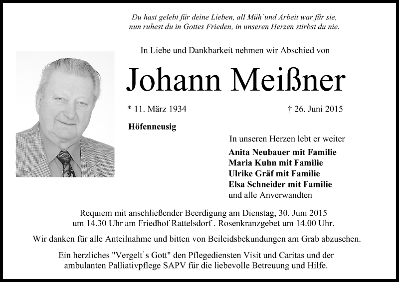  Traueranzeige für Johann Meißner vom 27.06.2015 aus MGO